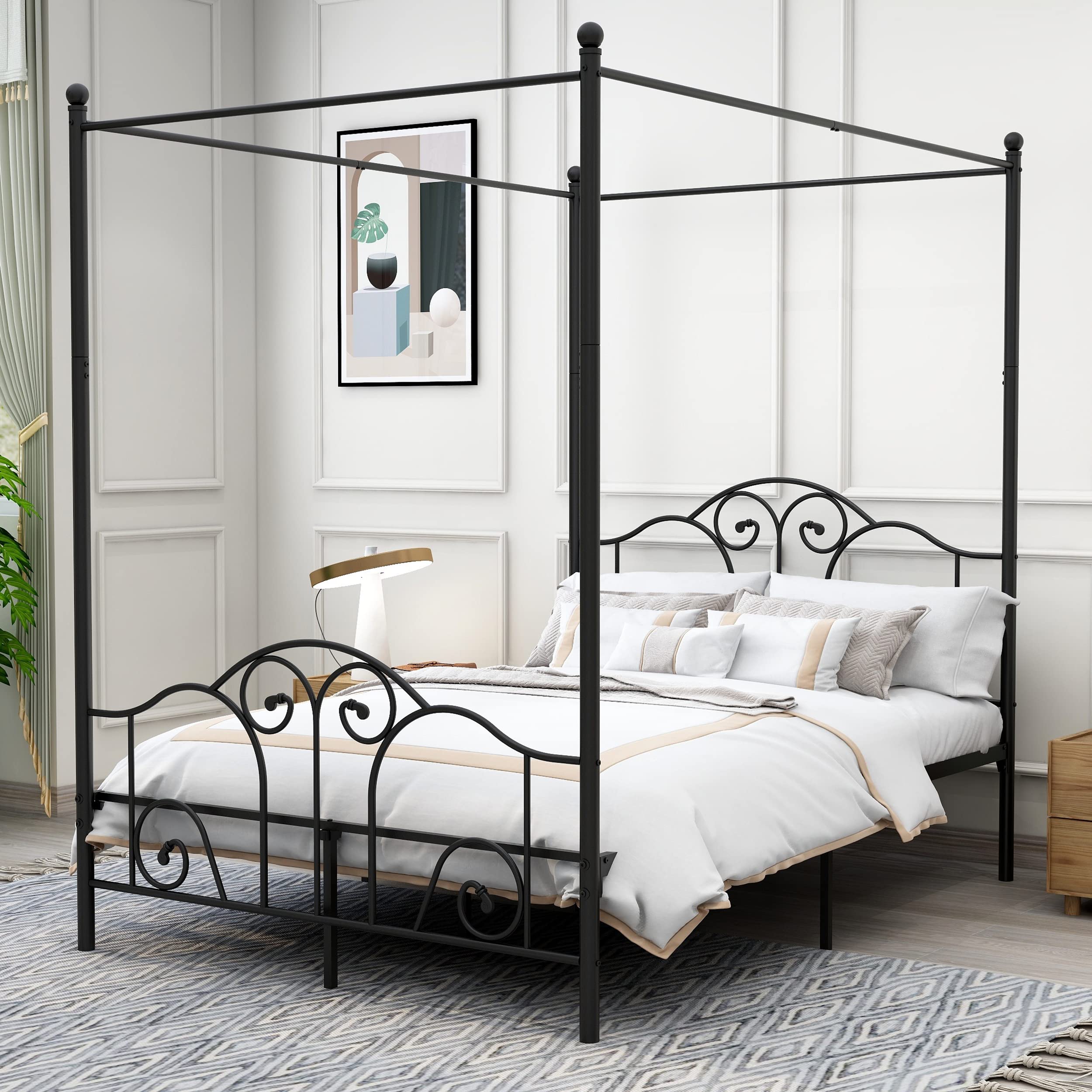 Full Size Four-Poster Metal Canopy Bed Frame with Headboard and Footboard Sturdy