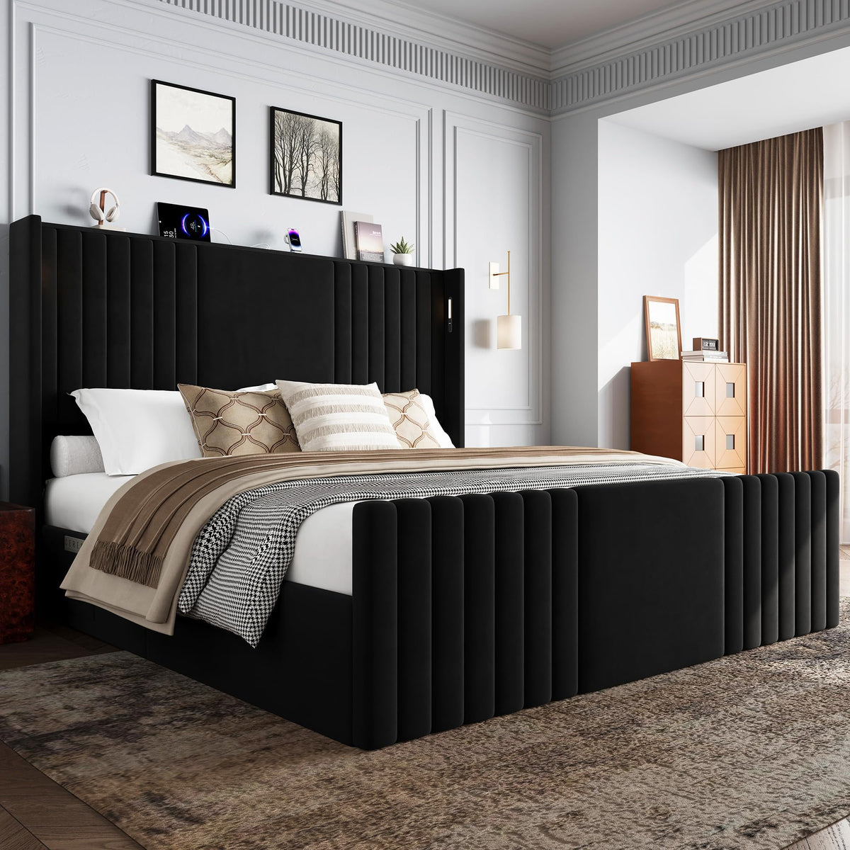 55" Tall Wingback Platform Bed Frame with Reading Lights & Storage