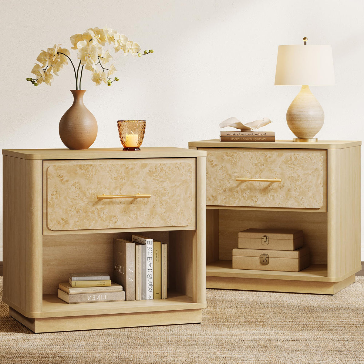 Nightstand Set of 2 with Drawer & Rounded Corners
