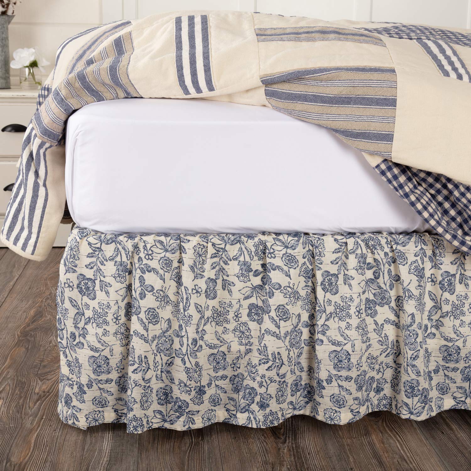 Doylestown Queen Size Floral Bed Skirt w/ 16" Drop, Blue & Cream Gathered Dust Ruffle