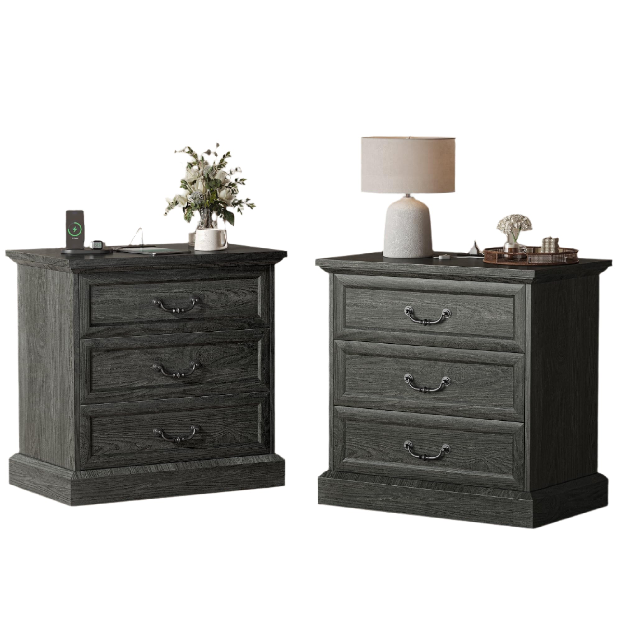 Nightstand with Charging Station, 3 Drawer Night Stand Set of 2