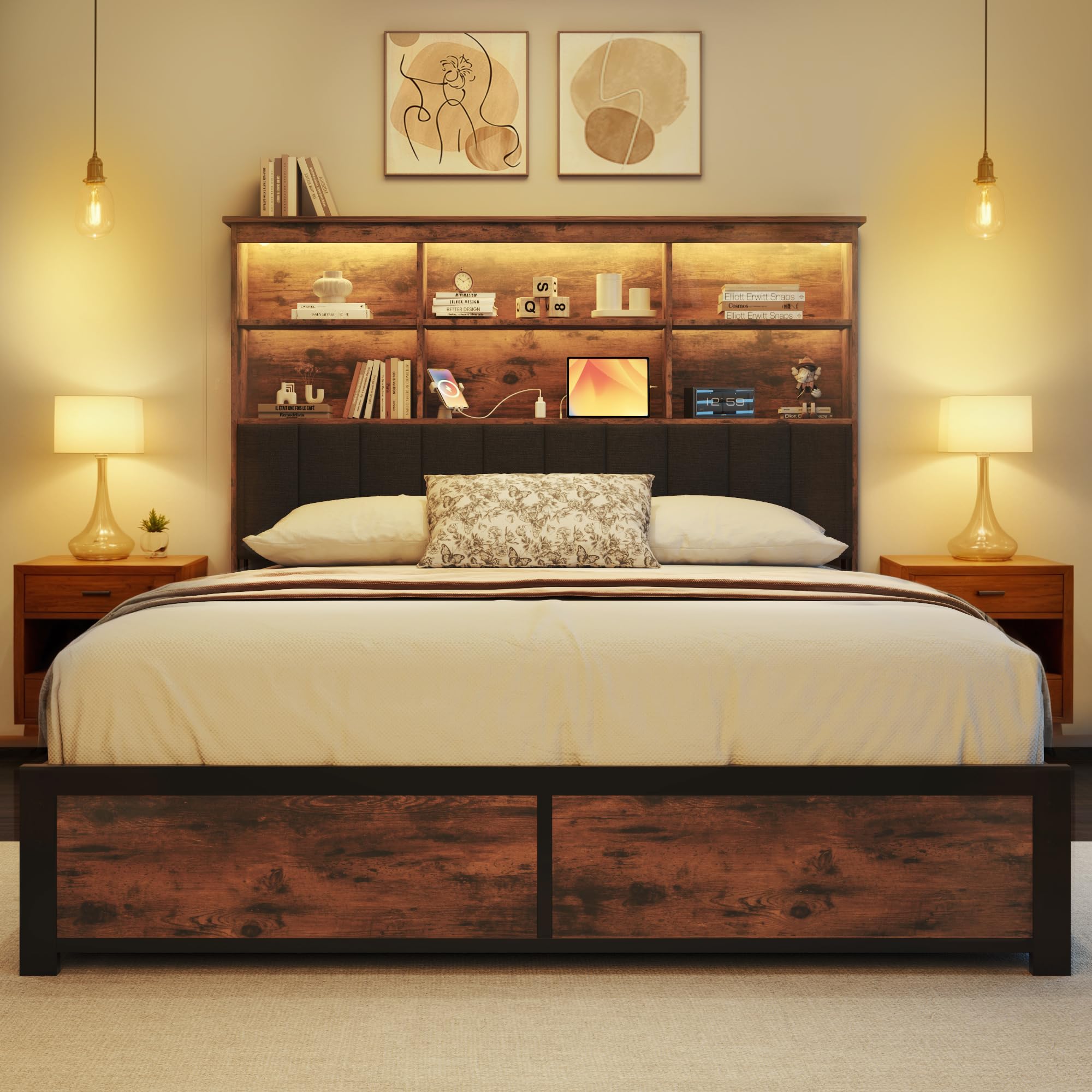Queen Bed Frame with Headboard, Wood Bed Frame with High Storage Bookcase