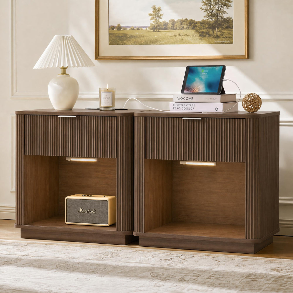 Fluted Nightstand Set of 2 with Charging Station & Drawers