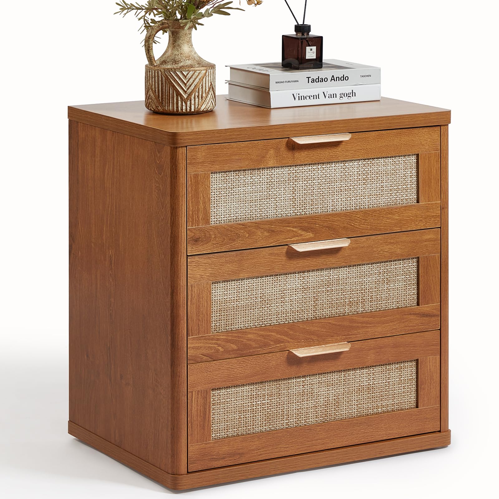 Rattan Night Stand with Drawers, 23" Large 3 Drawer Boho Nightstand