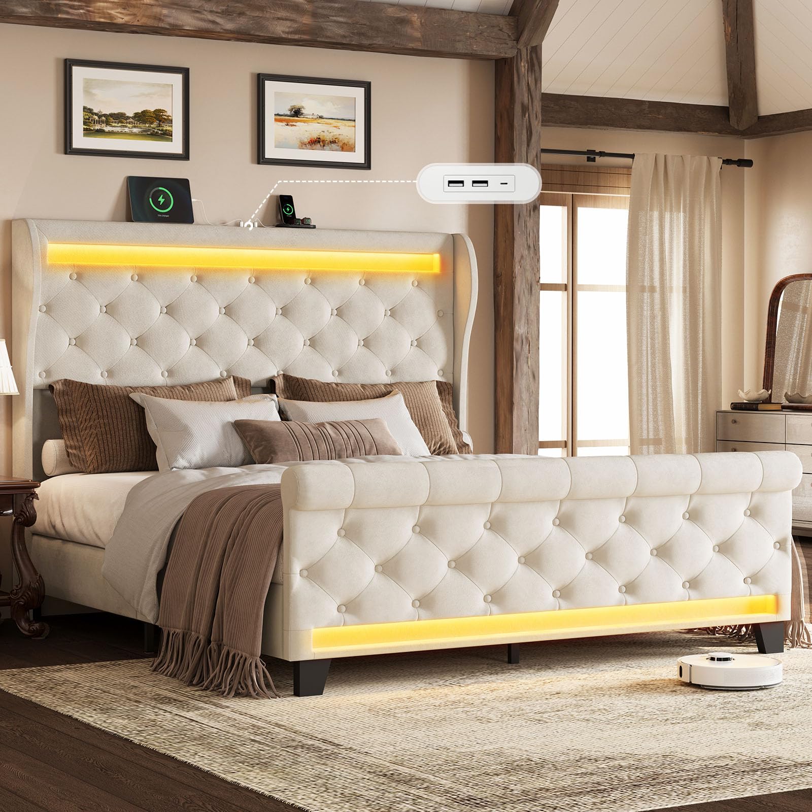 Queen Size Bed Frame with Headboard,50" Tall Headboard Upholstered Velvet Platform Bed