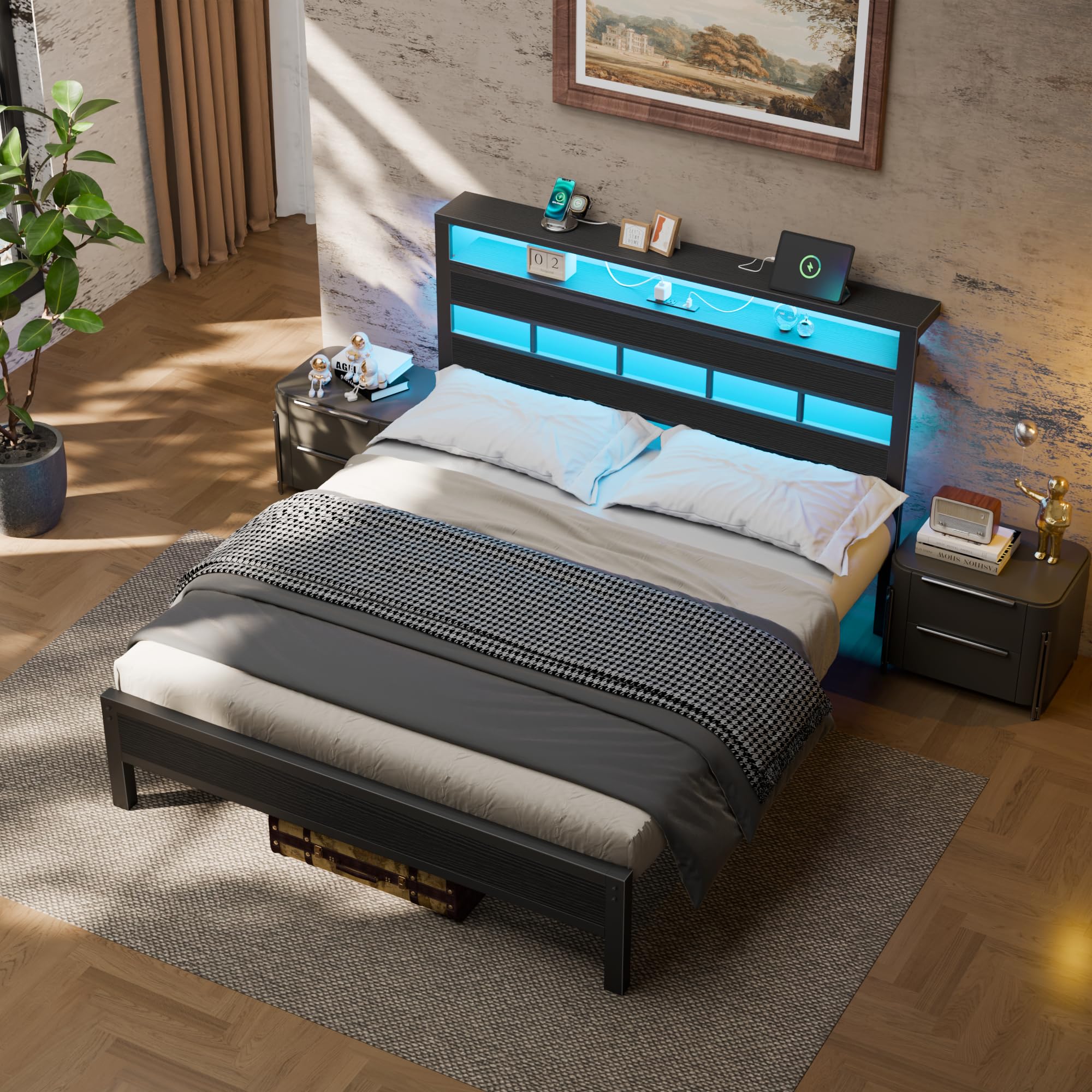 Queen Bed Frame with Storage Headboard and LED Lights, Metal Bedframe