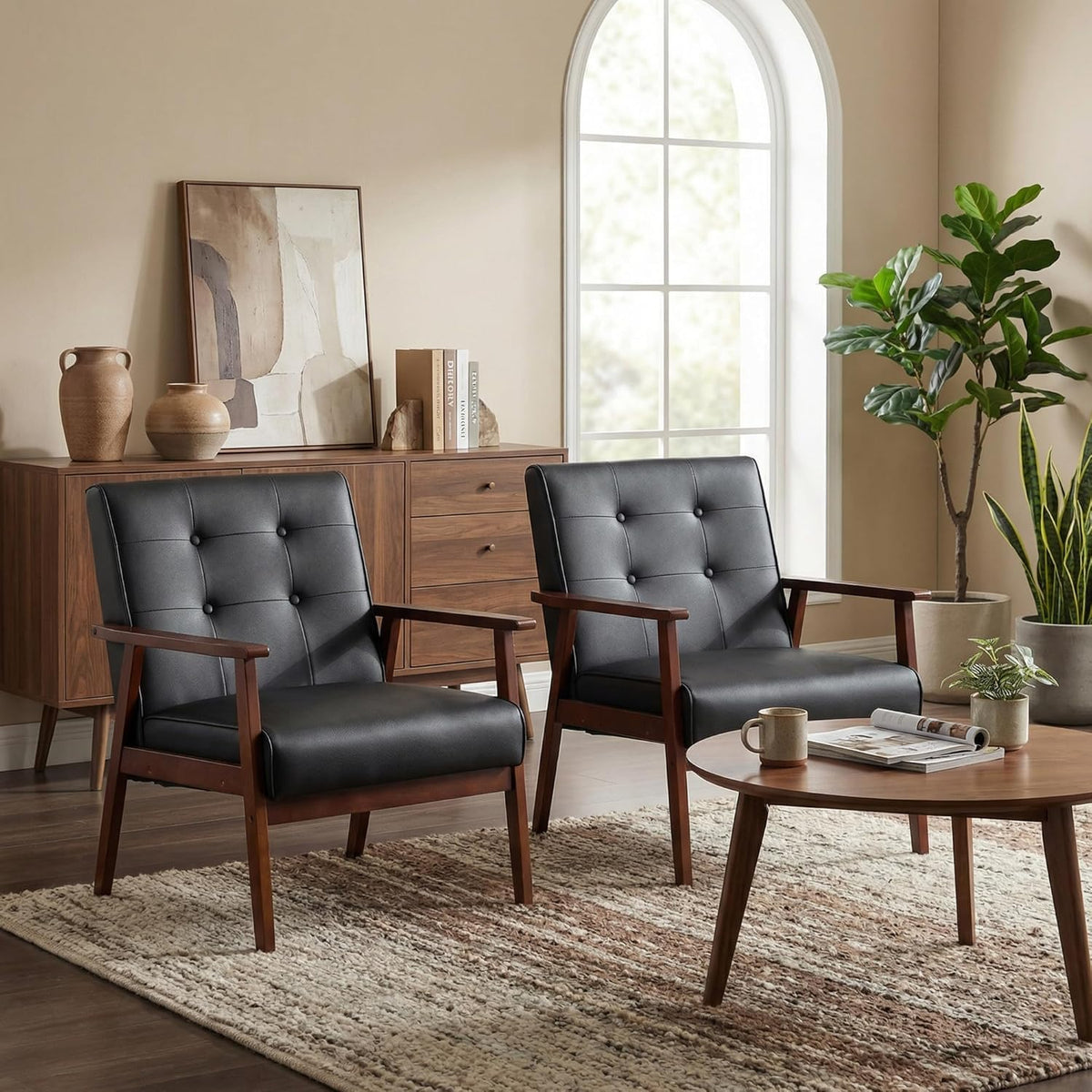 Mid-Century Modern Faux Leather Accent Chair, Set of 2