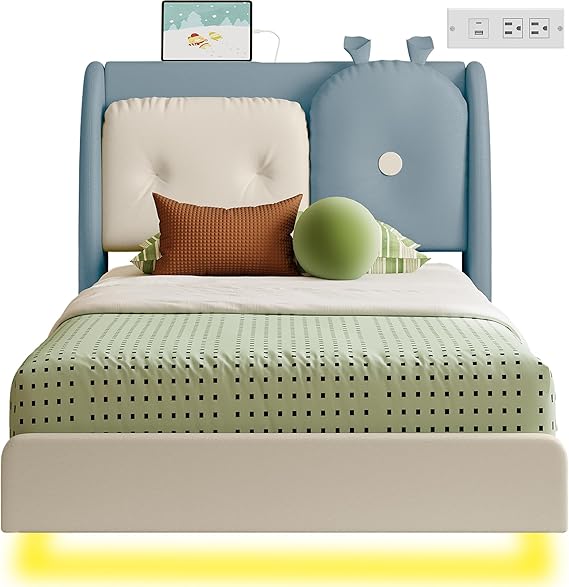 Twin Floating Bed Frame, Platform Bed Frame with Leather Upholstered Headboard