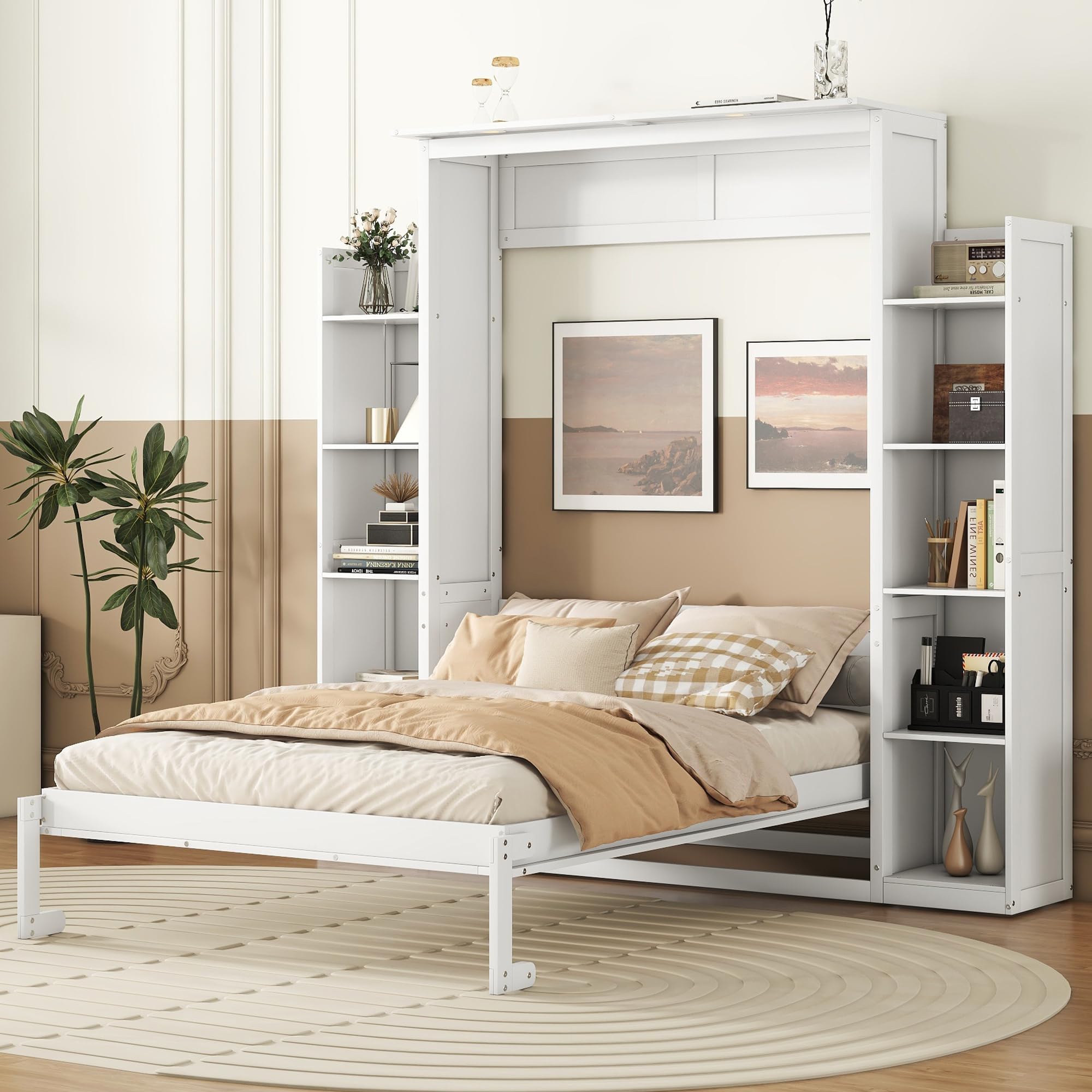 Murphy Bed with 2 Five-Layer Cabinet, Modern Wall Bed with Shelves