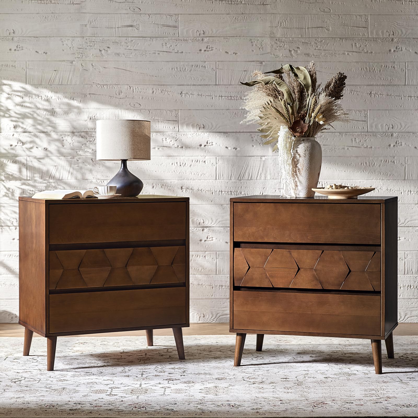 30" Wide Large Nightstands Set of 2, 3 Drawers Mid Century Modern Dresser