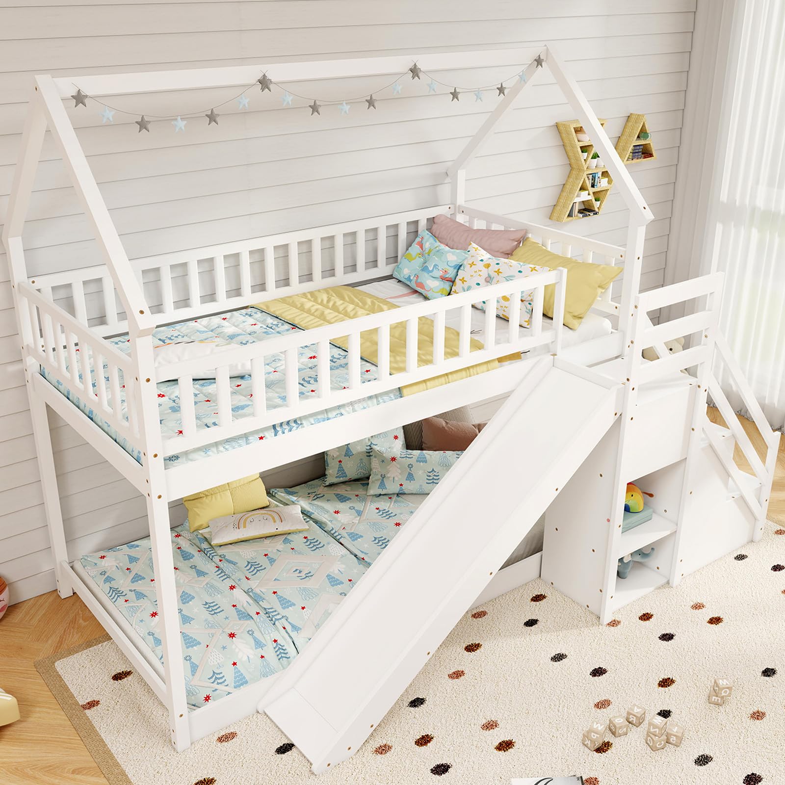 House Bunk Bed Twin Over Twin with Slide & Stairs, Wood Bunk Bed