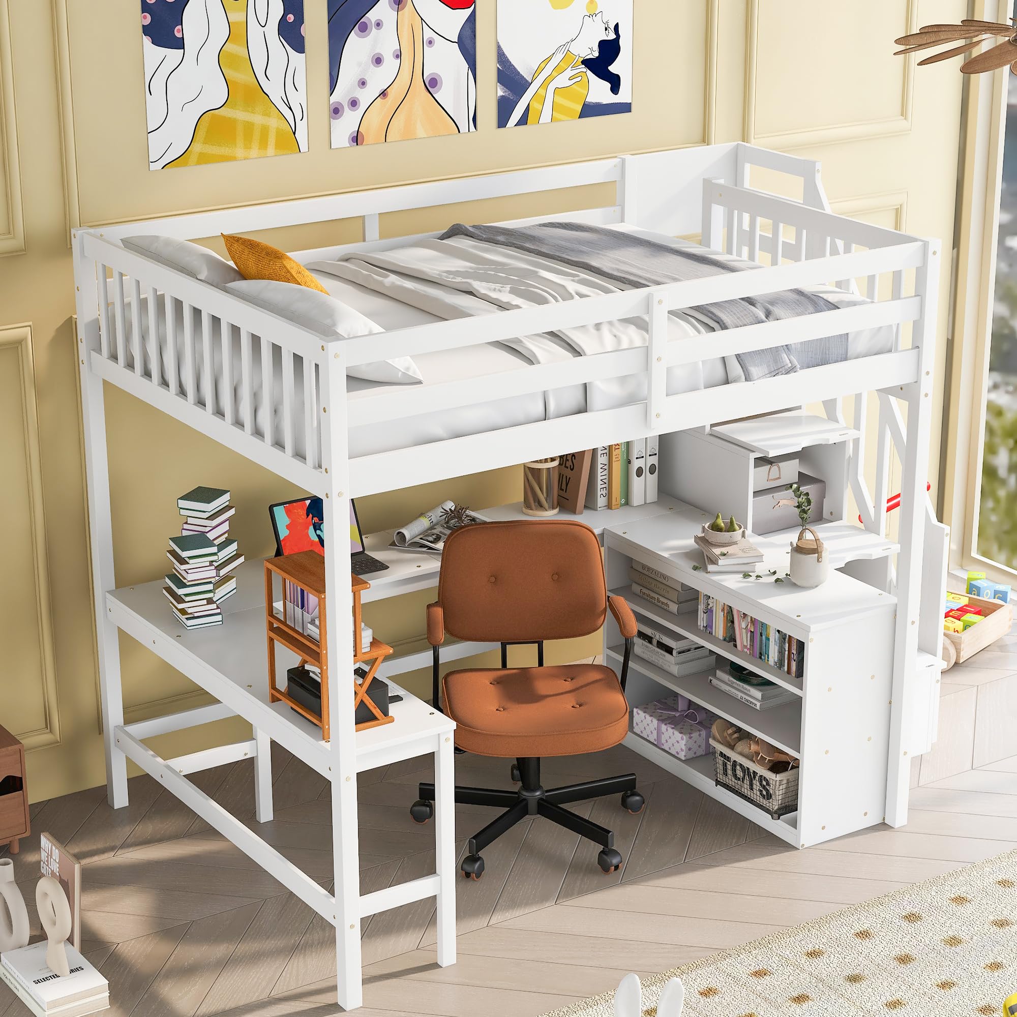 Wood Full Size Loft Bed Frame with Built-in L Shaped Desk & 3 Storage Shelves & Attached