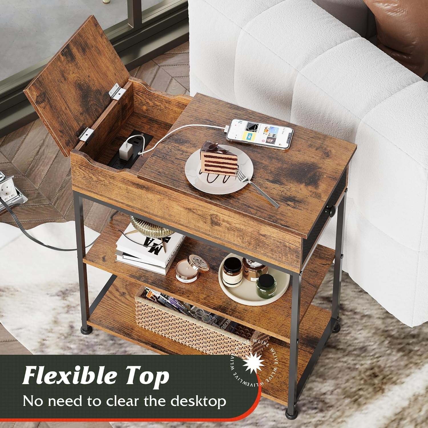 WLIVE Narrow Side Table with Charging Station, End Table for Living Room, Couch Side Table with Fabric Drawer for Bedroon, 11.8‘’W 23.6‘’L 24‘’H, Rustic Brown