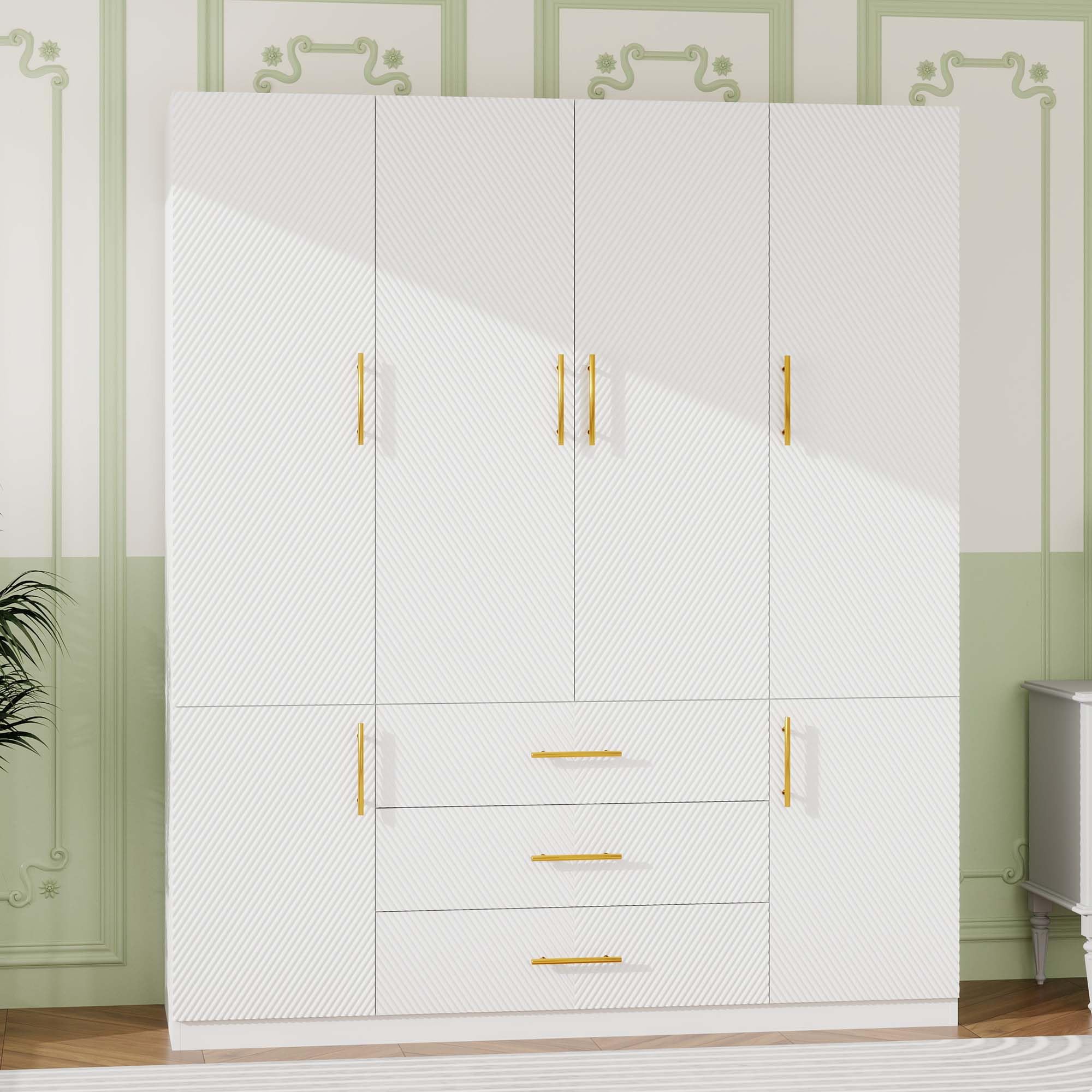 White Wardrobe Closet with Doors, 3 Drawers, Hanging Rods, Metal Handles