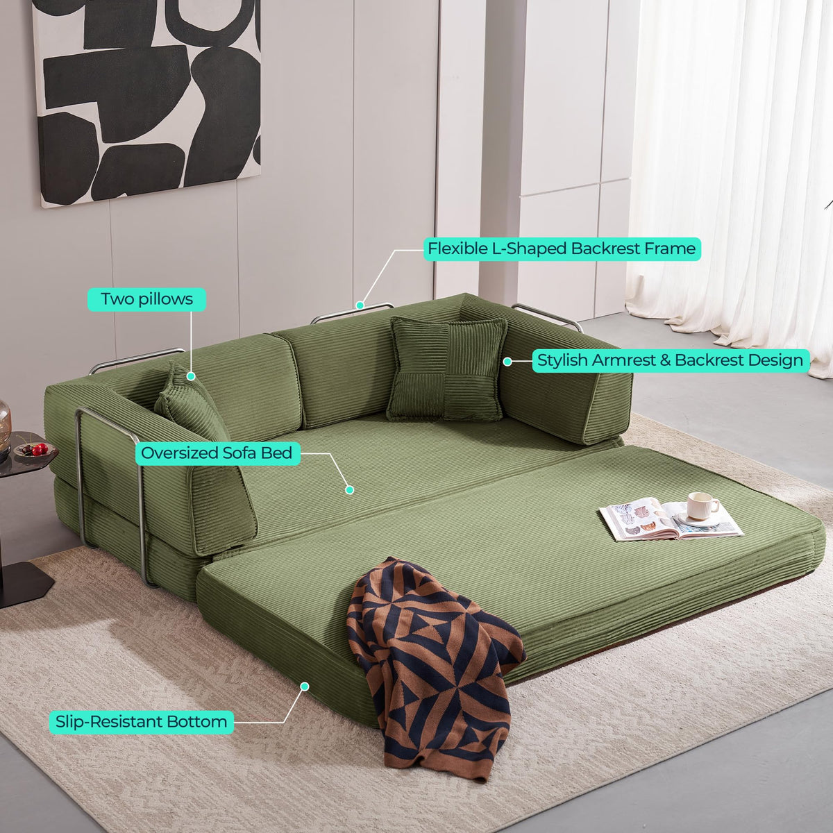 79" Convertible Folding Sofa Bed with Corduroy Upholstery