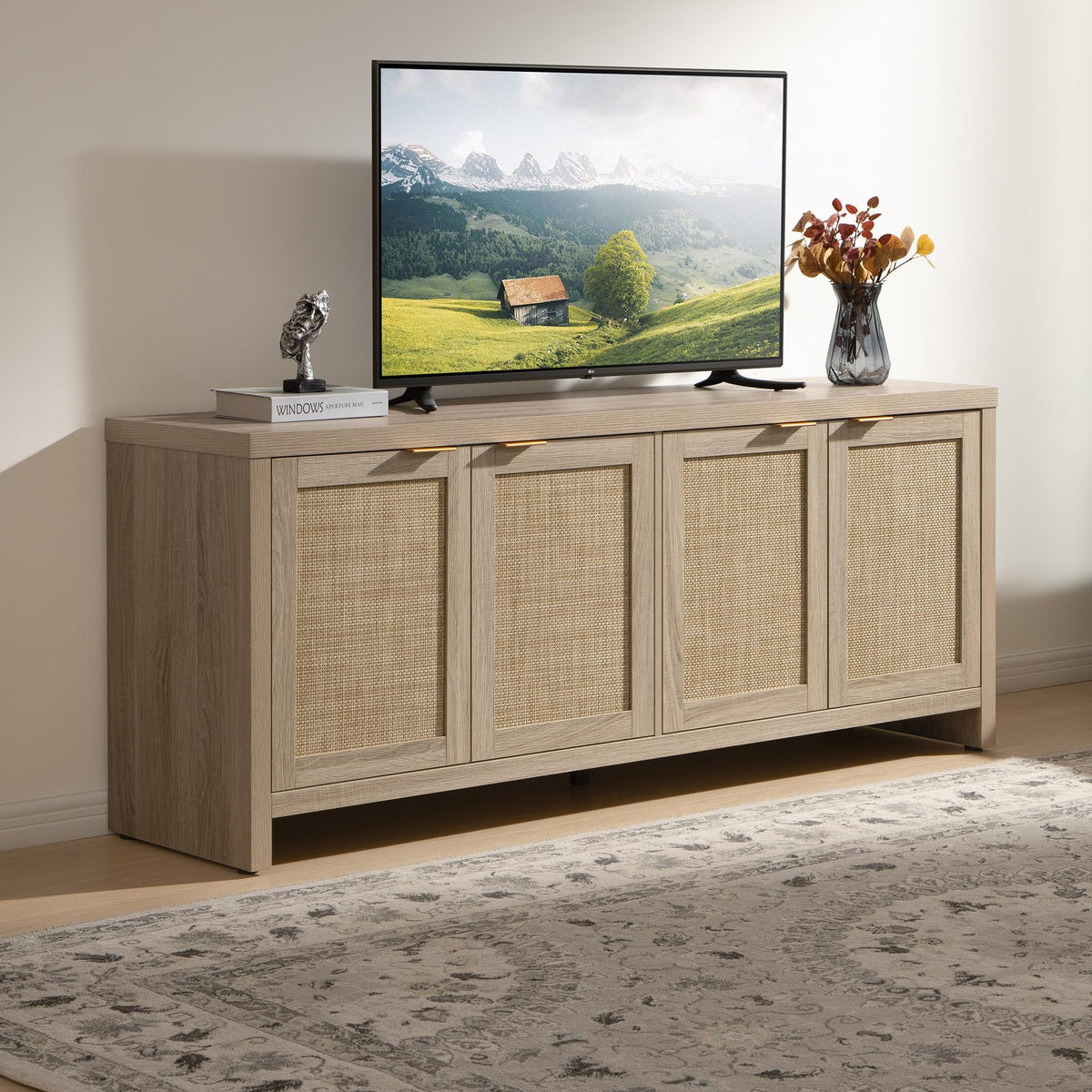 Boho Rattan TV Stand with 4 Cabinet Doors, Fits TVs up to 65"