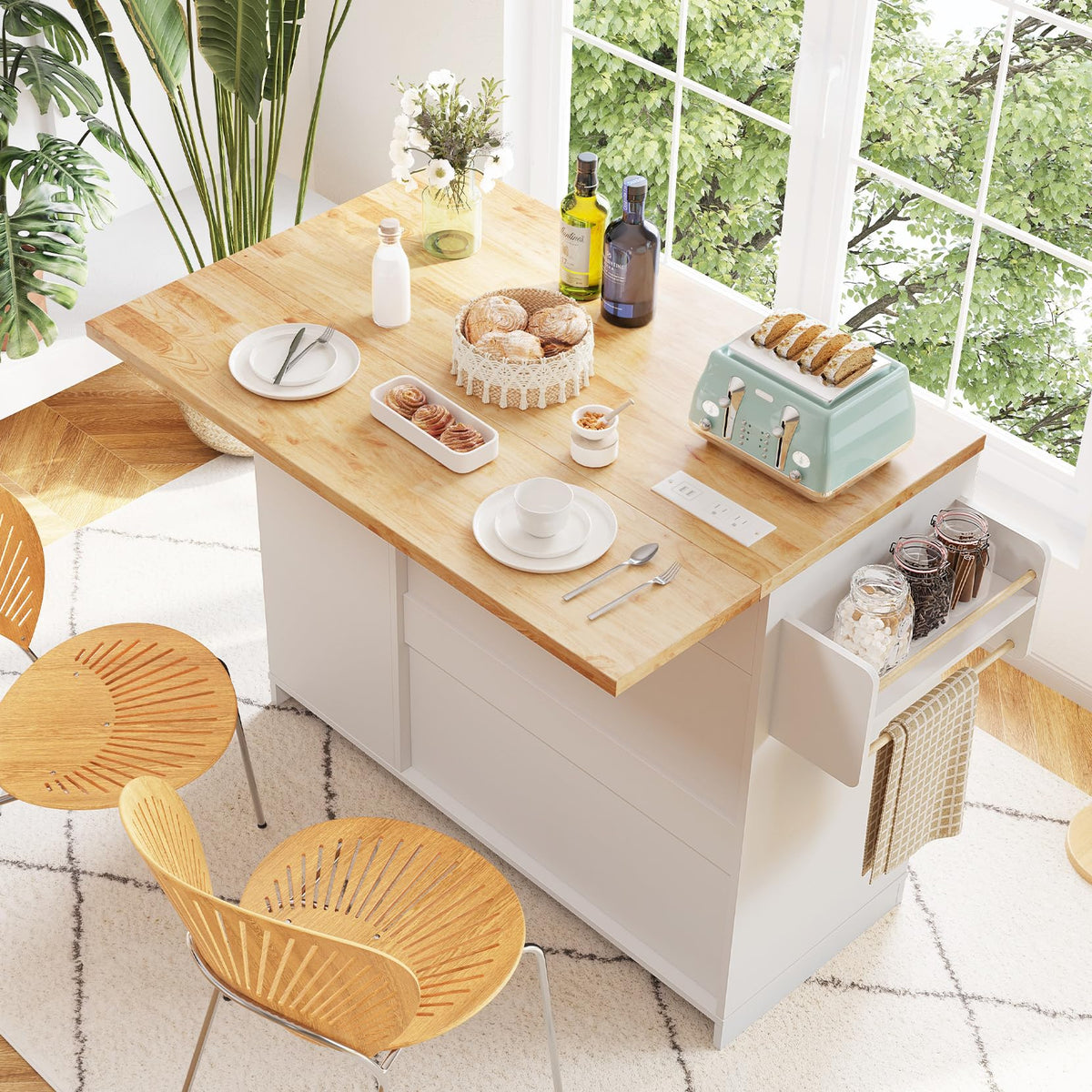 Kitchen Island with Power Outlet, Drop-Leaf & Trash Cabinet