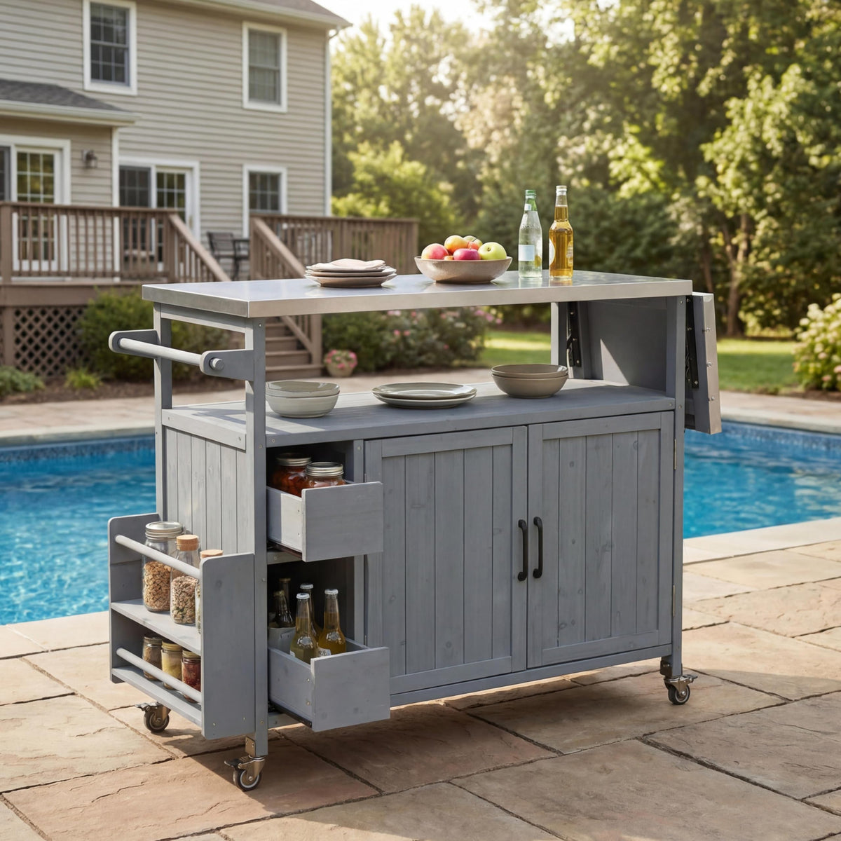 Outdoor Bar Cart with Stainless Steel Top, Fold-Down Leaf & Locking Wheels