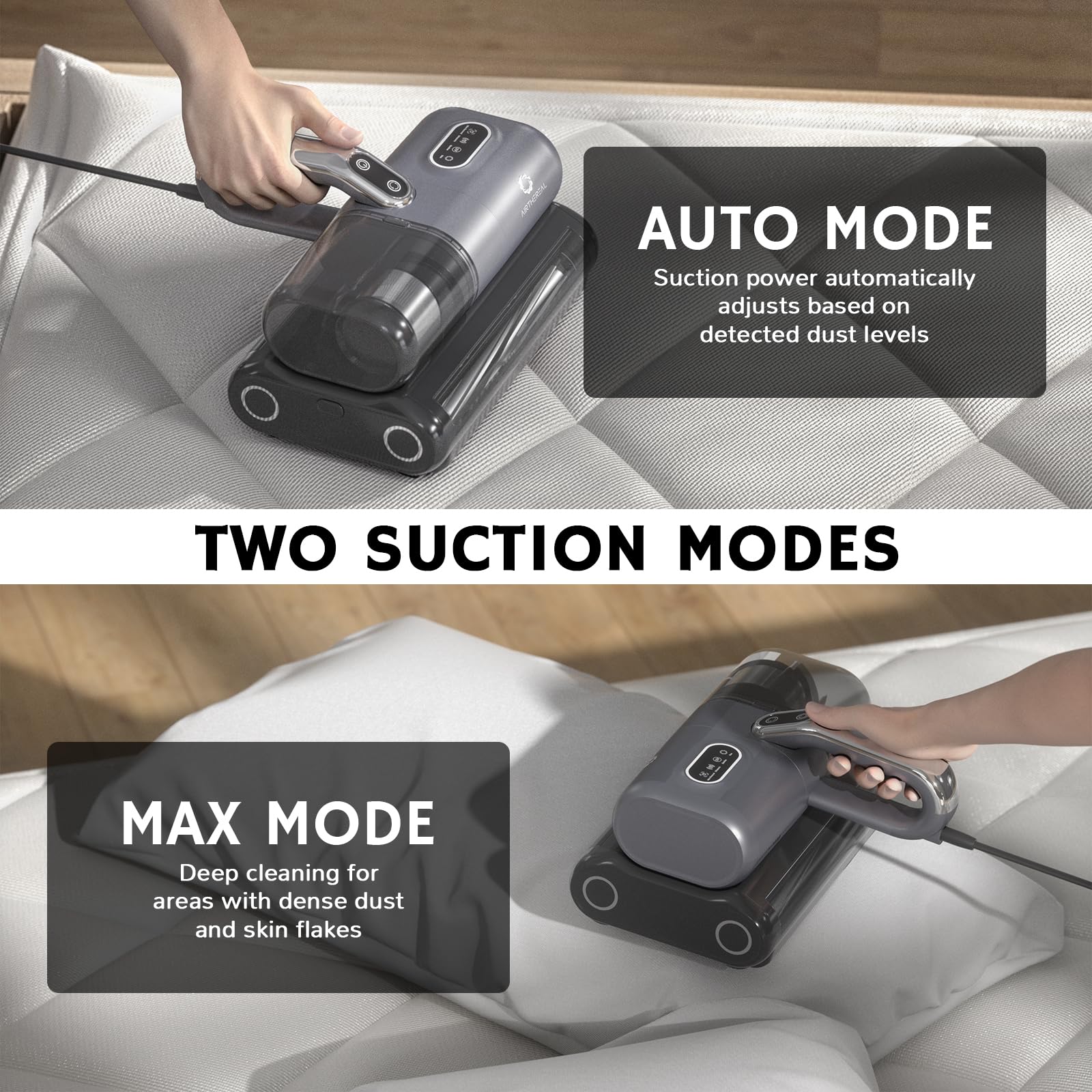AIRTHEREAL M1 Mattress Vacuum Cleaner, 6 in 1 Bed Vacuum with High-Frequency Vibration - 80,000 RPM Dual Brushroll Rotation, UV-C Light, 14Kpa Suction, Dust Sensor, Ultrasonic and Heating Tech