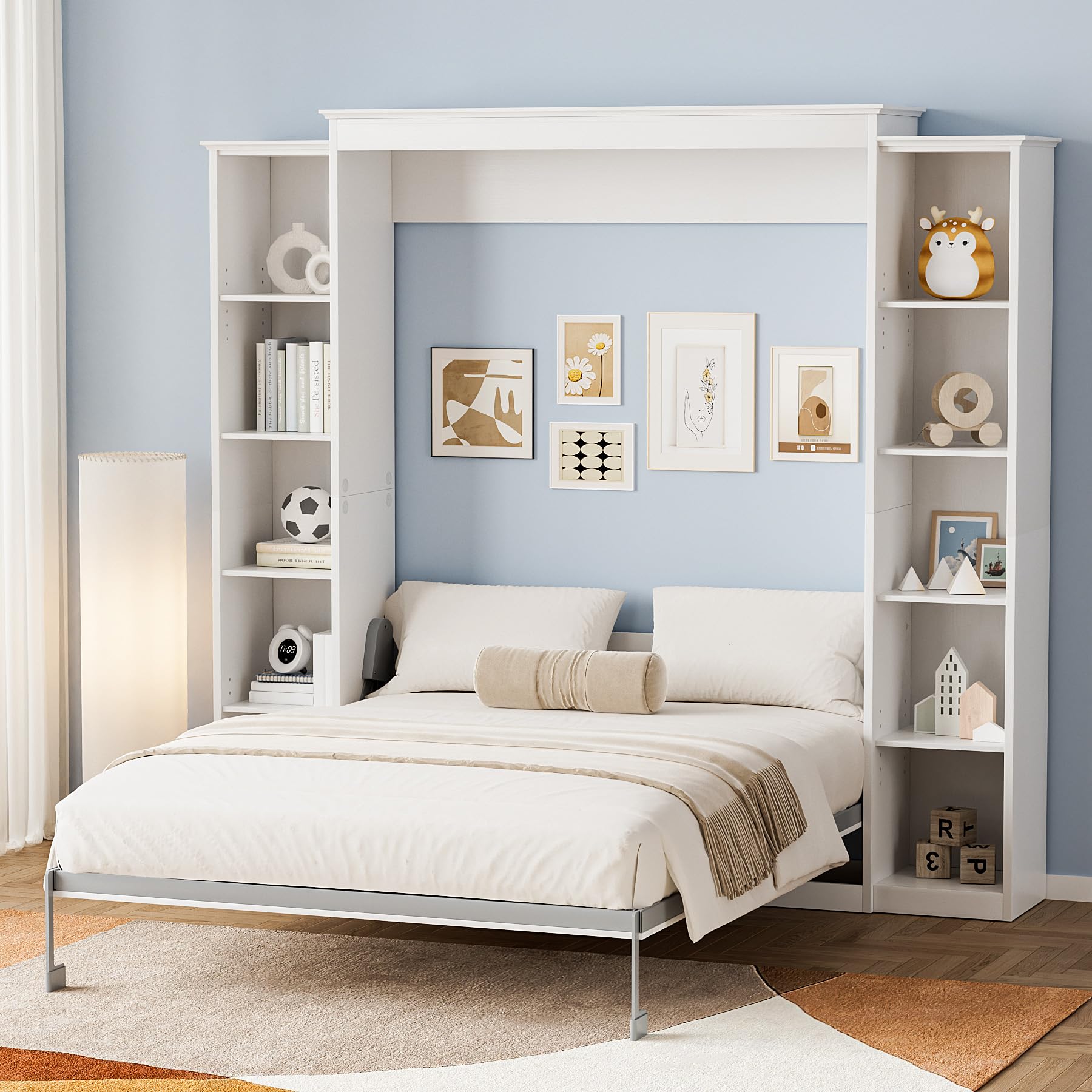 Queen Murphy Bed with Storage Bookcase & 4 Adjustable Shelves