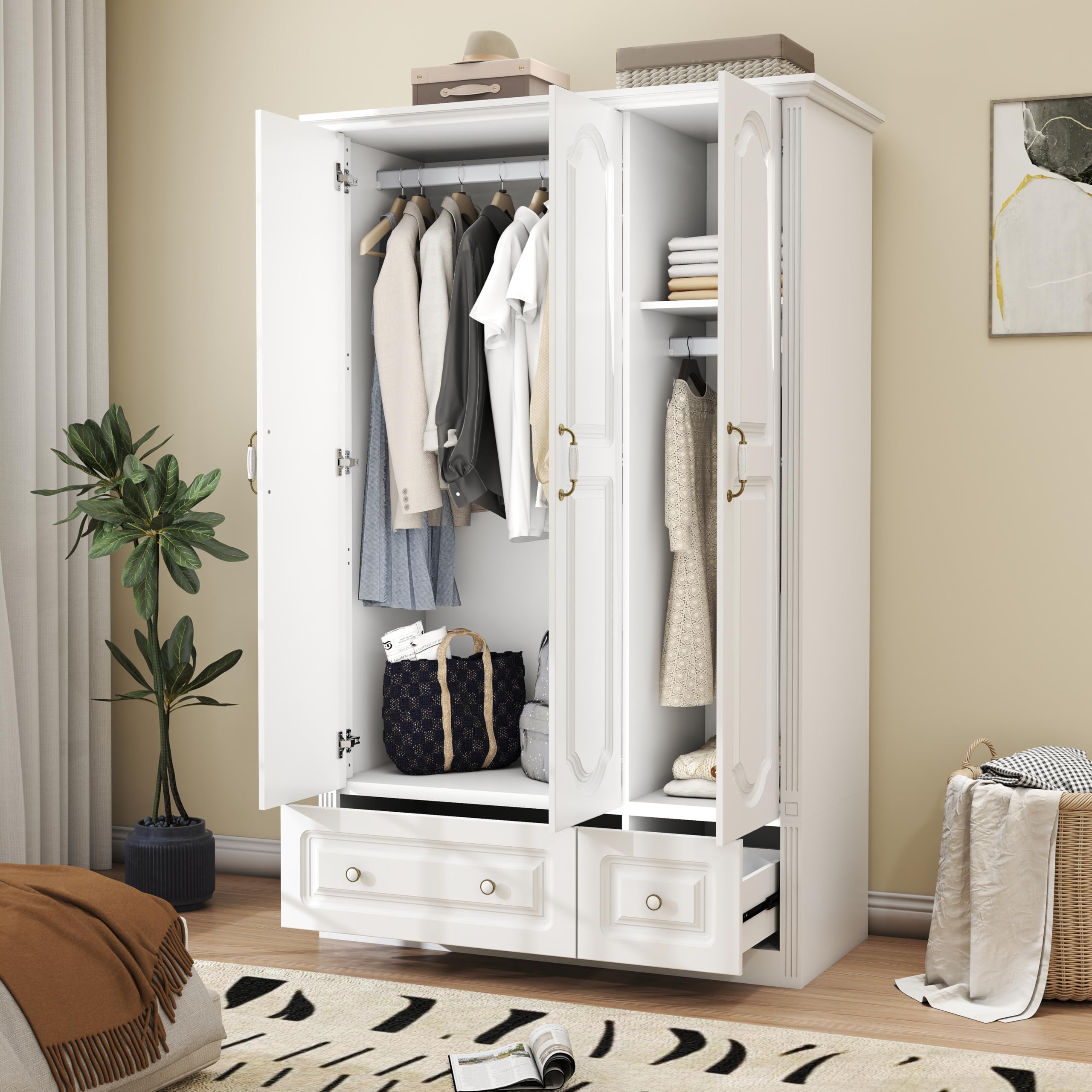 White Armoire Wardrobe Closet with 2 Drawers: 74" Modern Large Wardrobe Closet