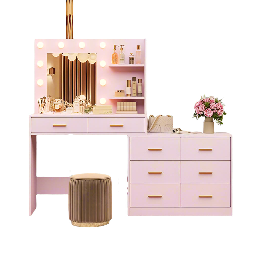Vanity Desk with Mirror and Lights, Black Vanity with 8 Wide Storage Drawers