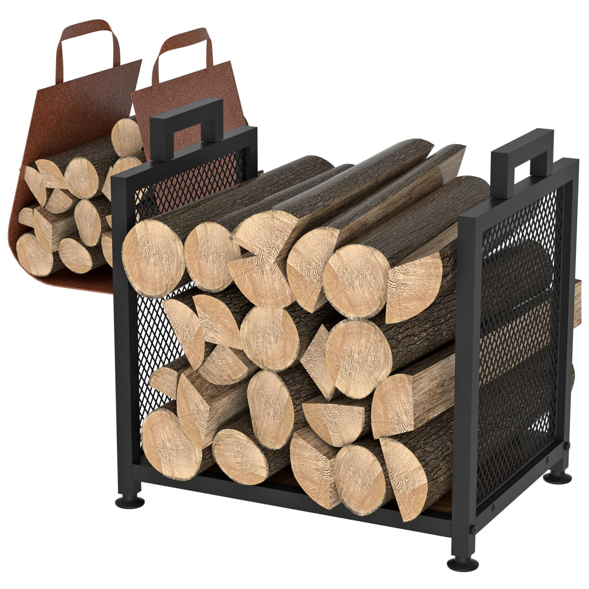 Indoor Firewood Rack with Leather Carrier