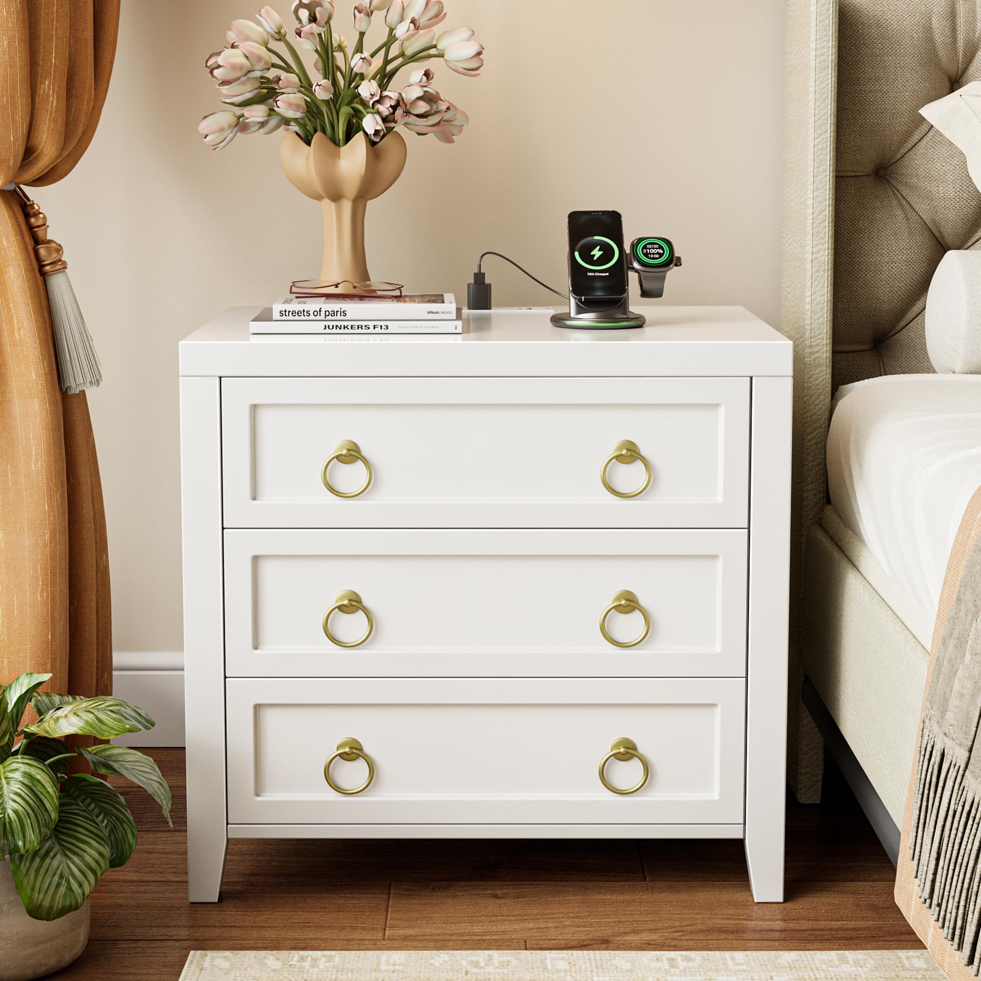 23.6 Inch Night Stand with Charger Station and USB-C Port, 3 Drawer Nightstand