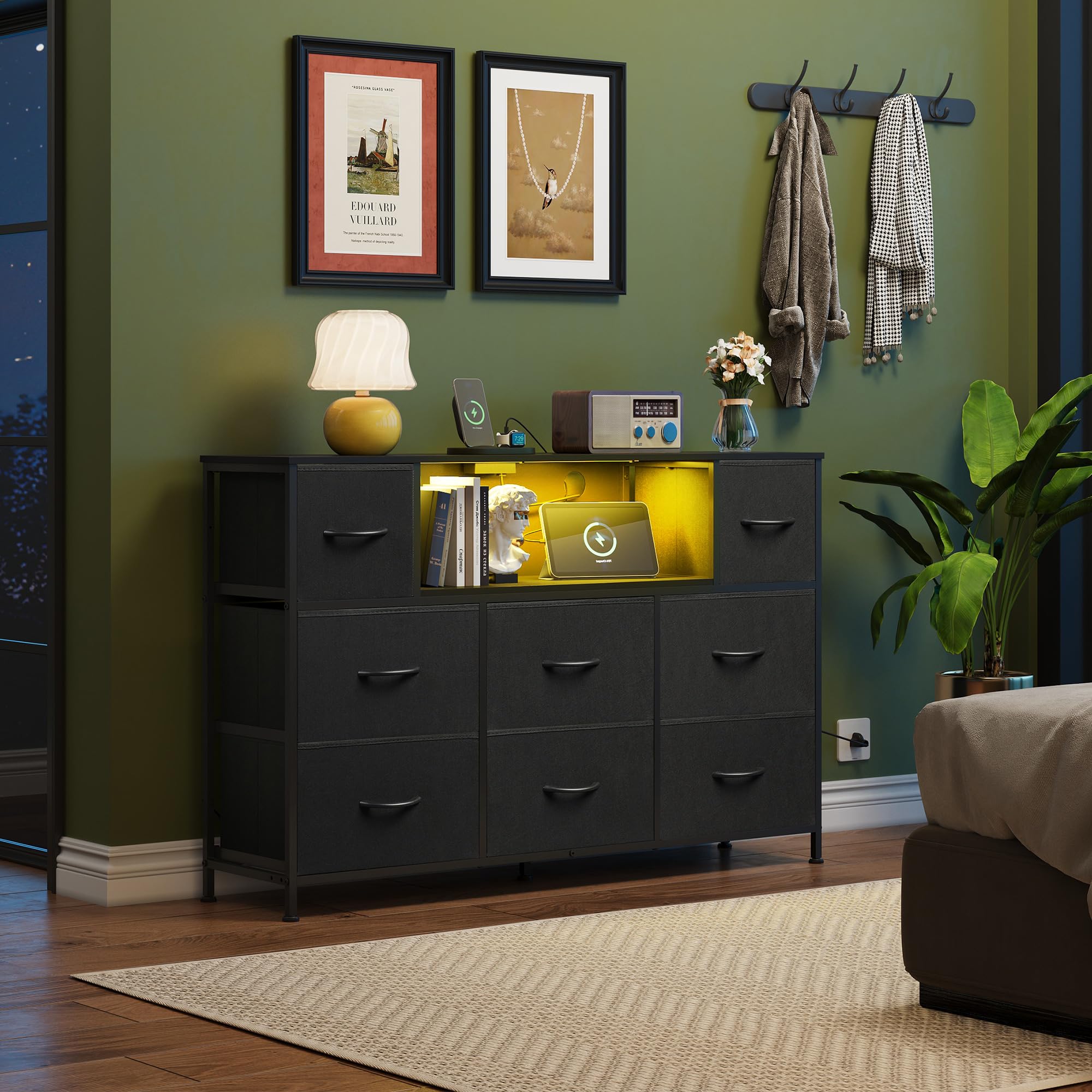 Black Dresser for Bedroom, TV Stand for Bedroom for 50, 55 inch TV with Charging Station