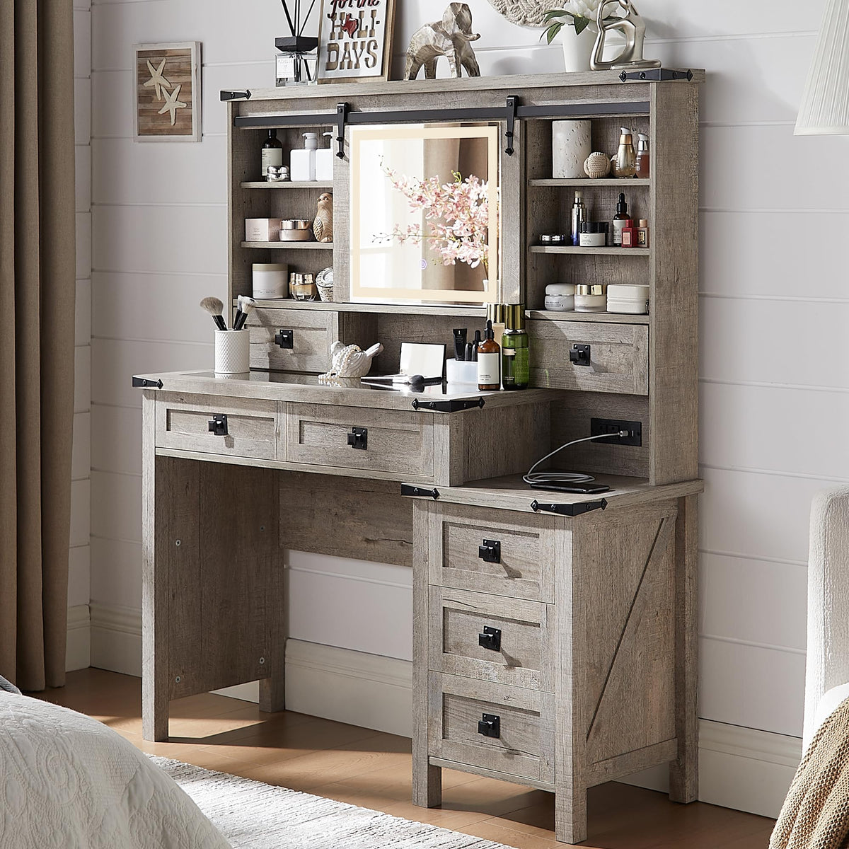 48" Farmhouse Makeup Vanity Desk with Sliding Mirror & Lights