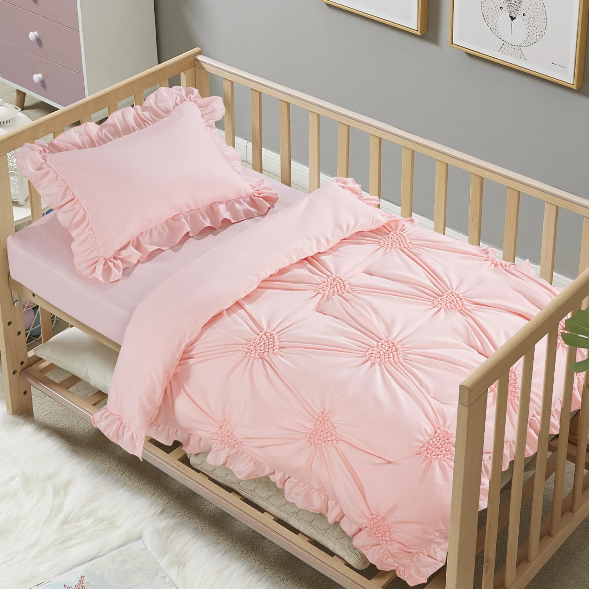 3 Pieces Princess Pink CribBedding Set for Baby Girls