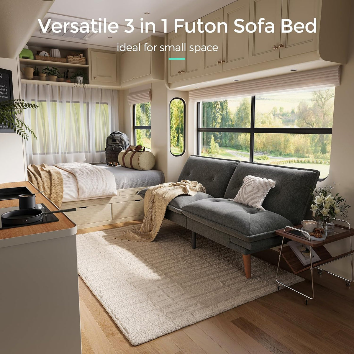 3-in-1 Chenille Futon Sofa Bed with Split-Back & Adjustable Armrests