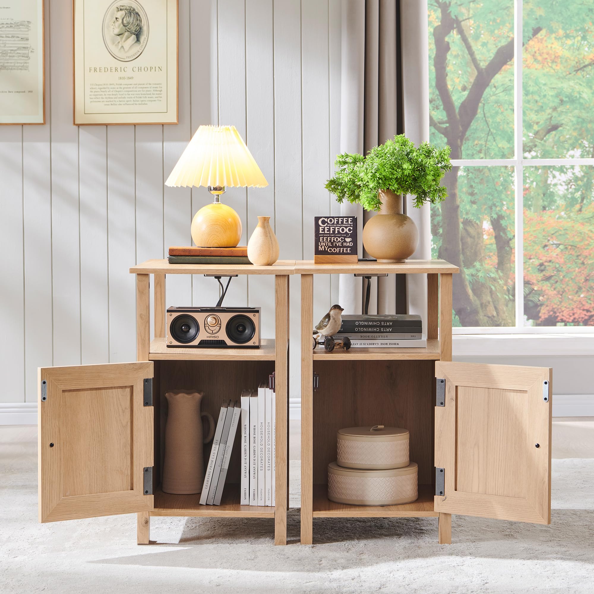 Farmhouse Nightstand Set of 2, End Table with Charging Station