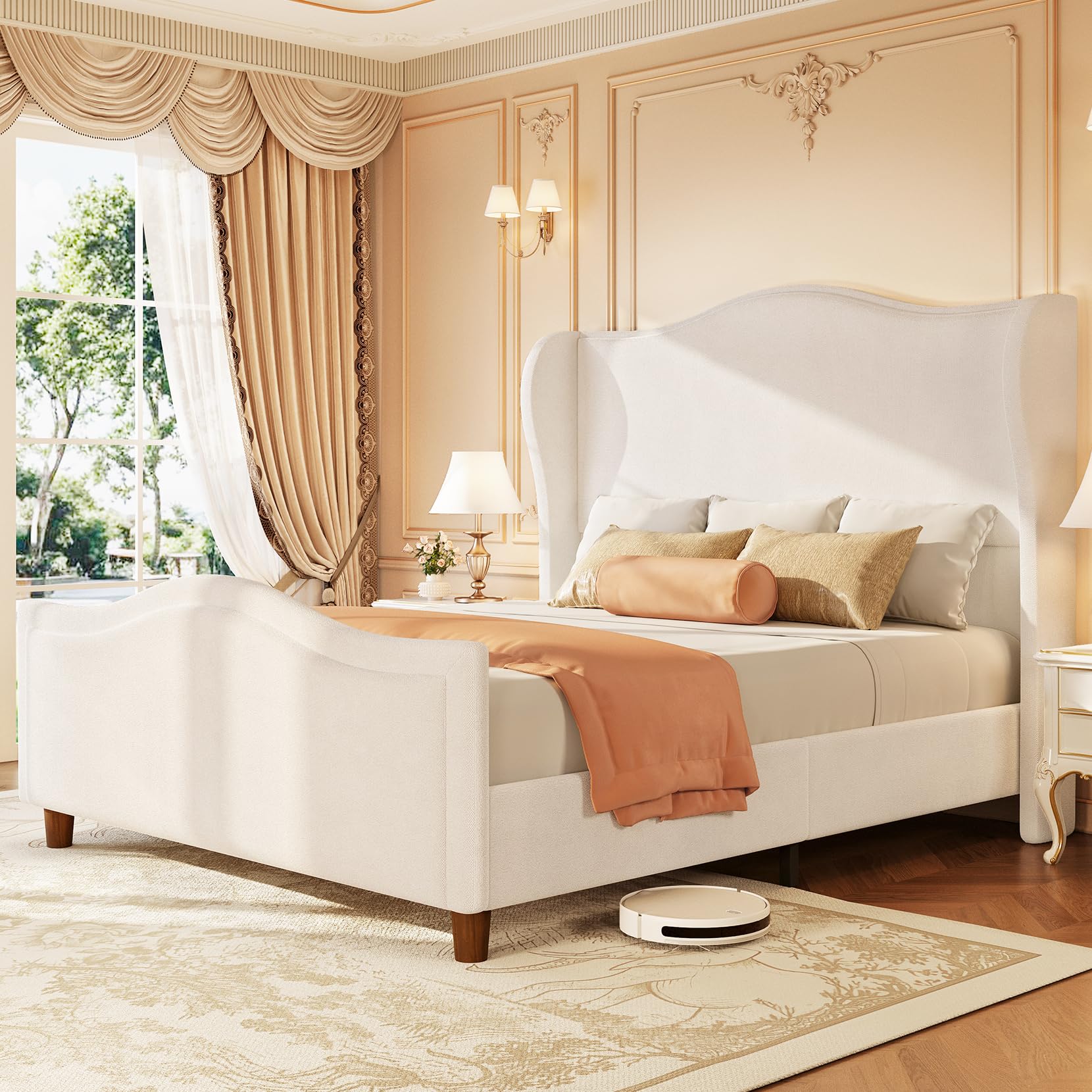 King Size Bed Frame Chenille Upholstered Platform Bed with Headboard
