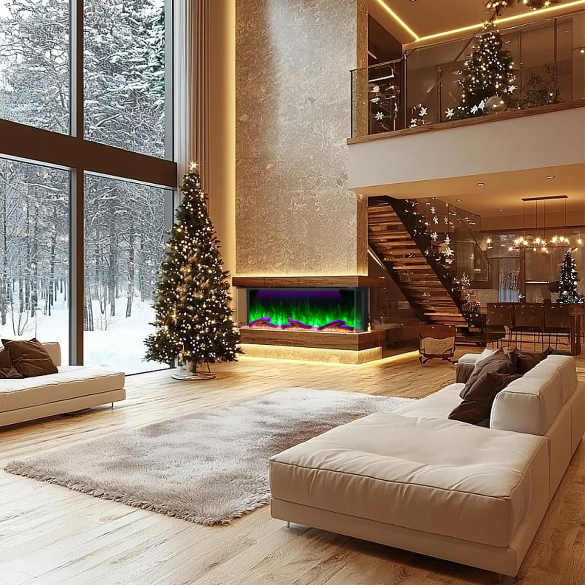 3-Sided Recessed Electric Fireplace with Smart WiFi & RGB Flames