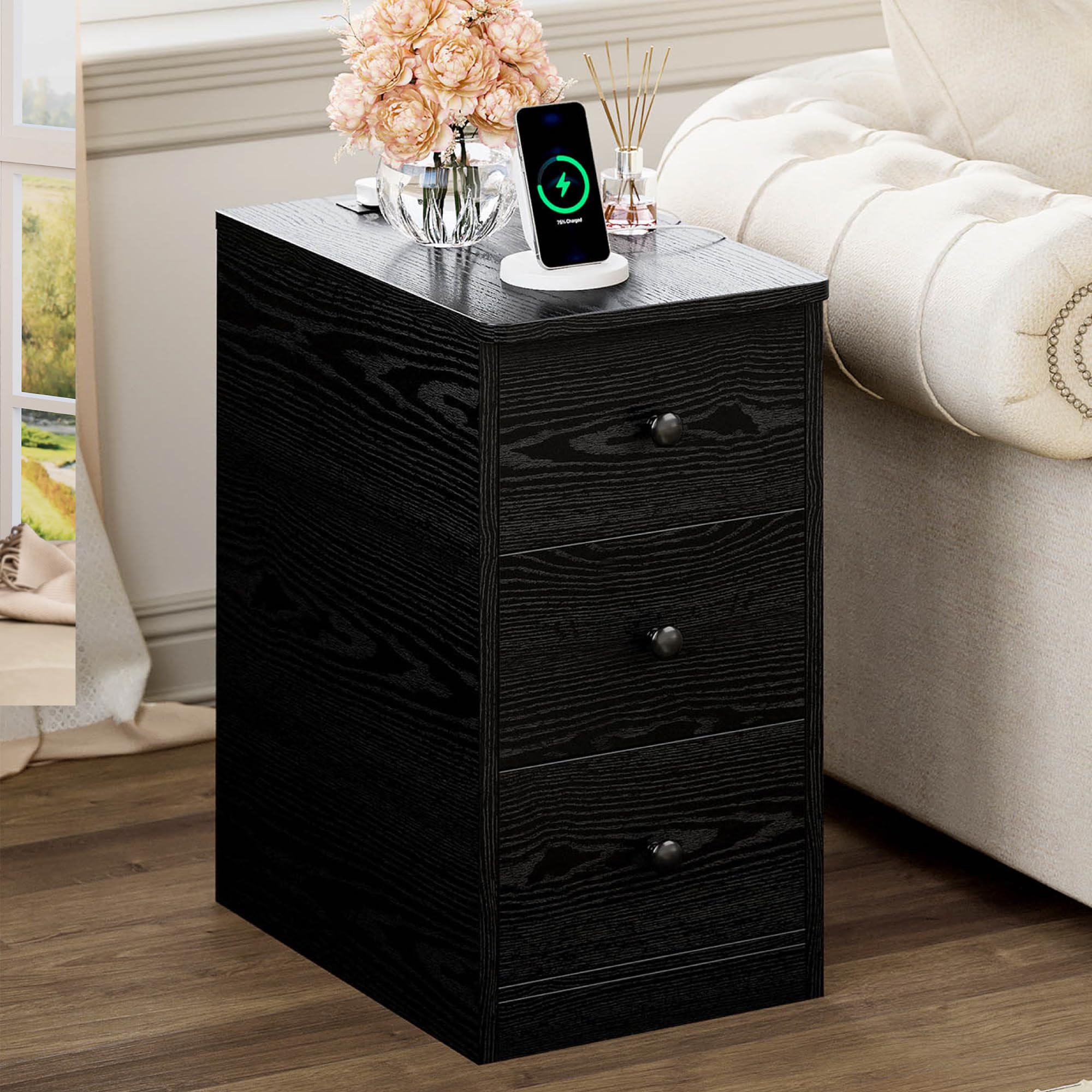 Nightstand with Charging Station, Narrow Bedside Table with 3 Drawers