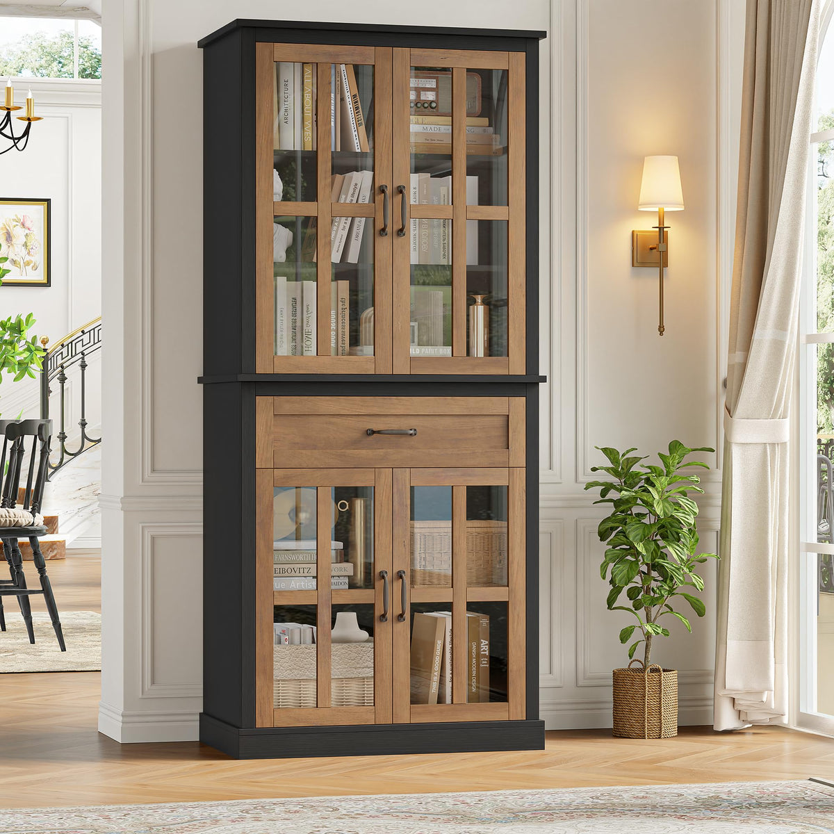 Tall Kitchen Pantry Cabinet with Glass Doors & Drawer
