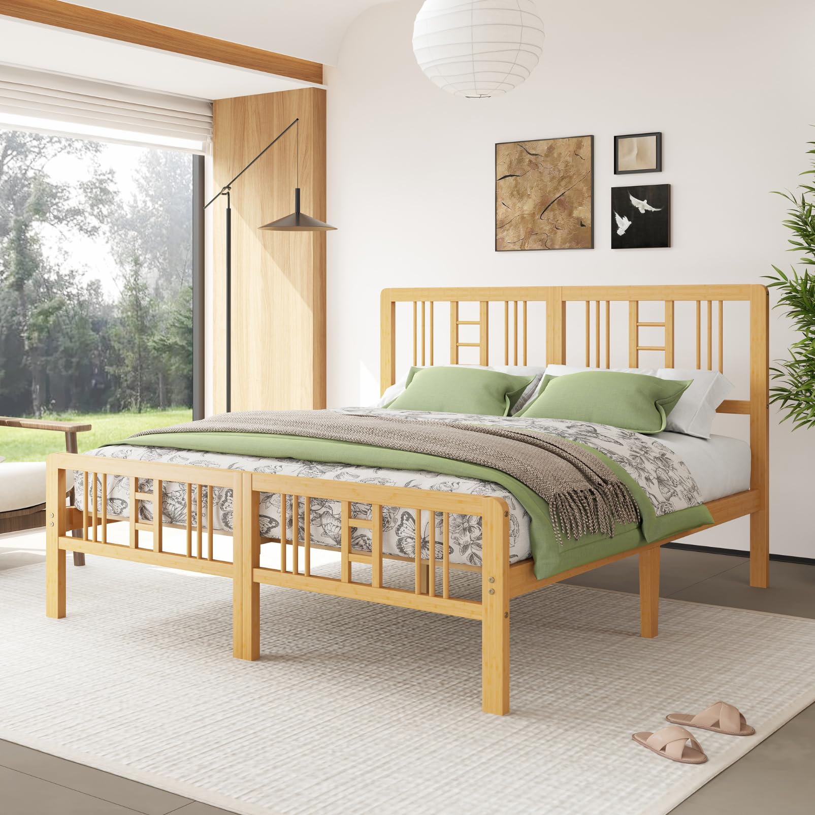 14 Inch Bamboo Wood King Size Platform Bed Frame with Headboard and Footboard