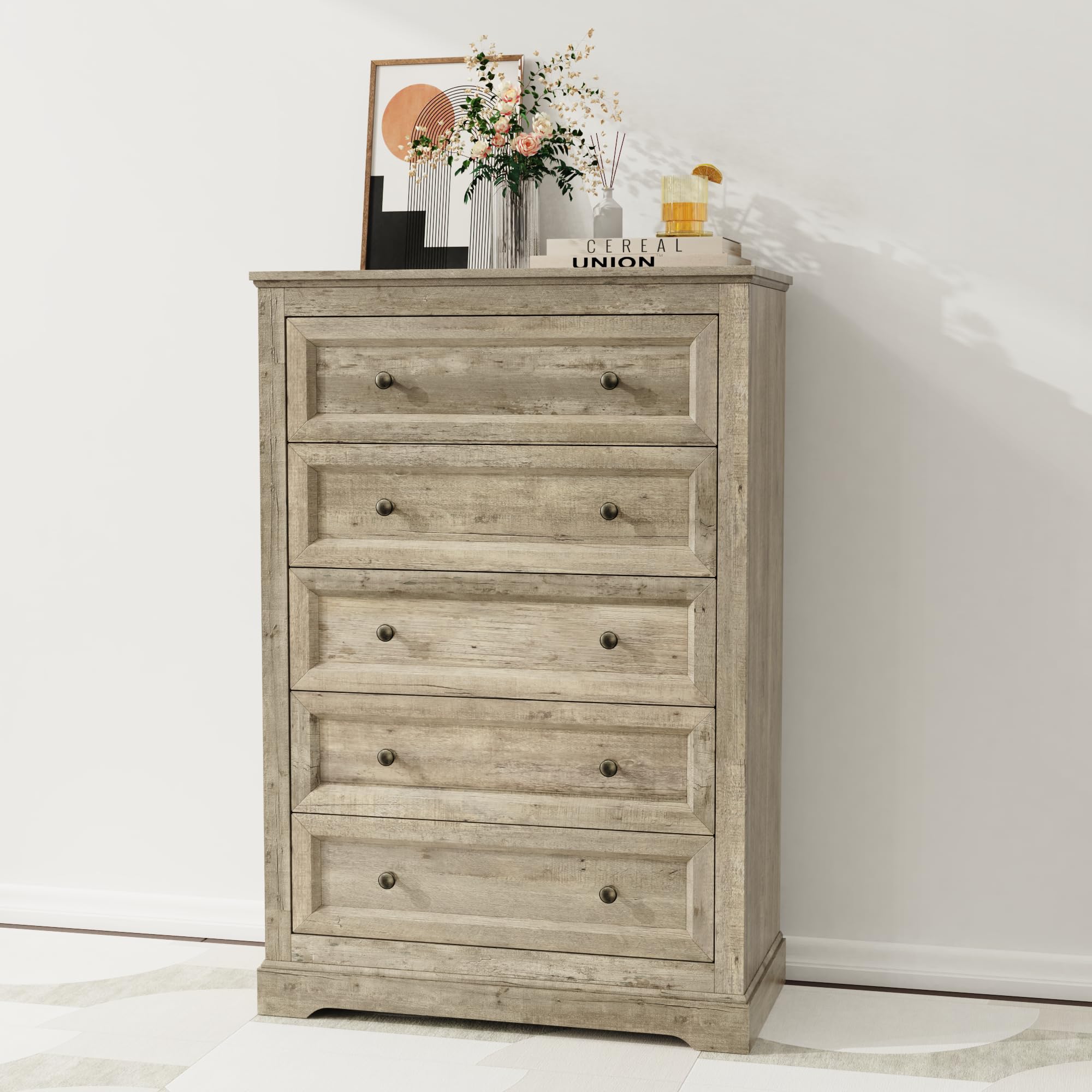 Farmhouse Dresser 5 Drawer, Bedroom Chest of Drawers, Dressers with 5 Drawers