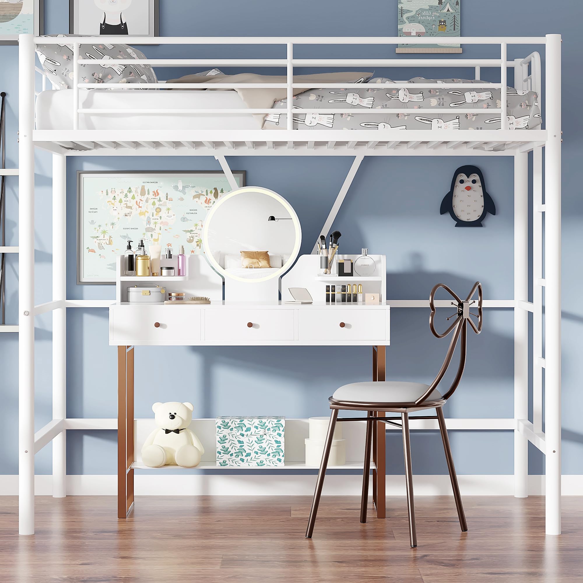 Twin Size Loft Bed with Full-Length Guardrails and Removable Ladder