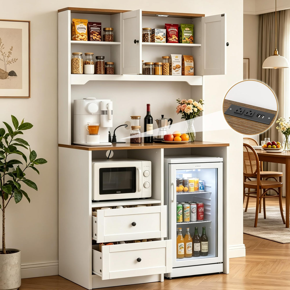 72" Kitchen Pantry Cabinet with Mini Fridge Space, Charging Station & 3 Open Shelves