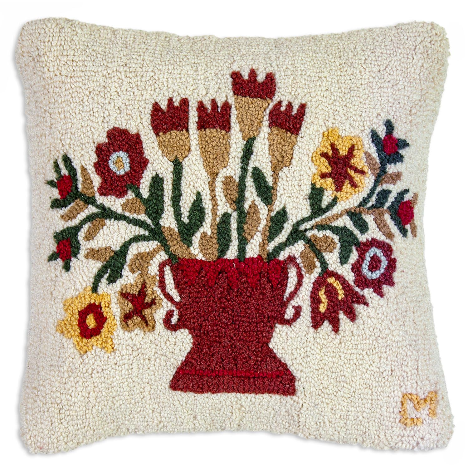 Corners Artist-Designed Urn with Flowers Hand-Hooked Wool Decorative