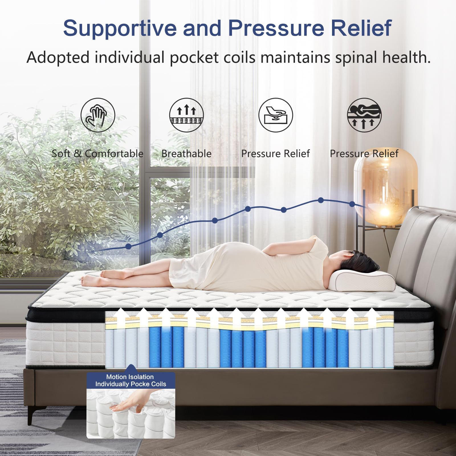 QEMNX 12 Inch Queen Hybrid Mattress – Medium Firm, Memory Foam & Responsive Pocket Springs, Enhanced Edge Support, Motion Isolation, Pressure Relief, Eco-Friendly, Compressed for Easy Setup