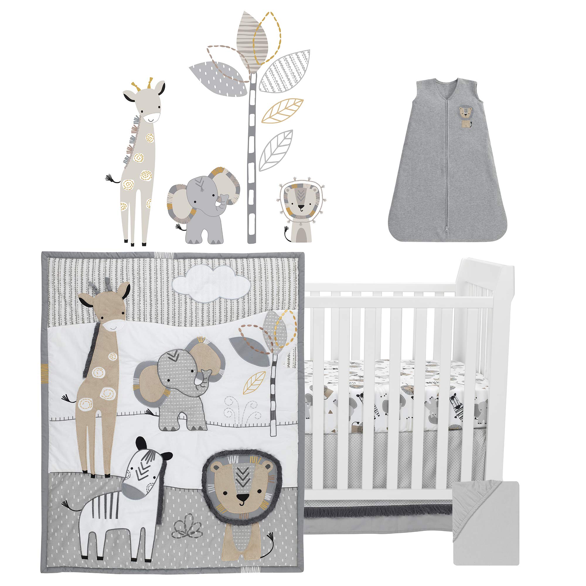 ungle Safari Gray/Tan/White Nursery 6-Piece Baby Crib Bedding Set