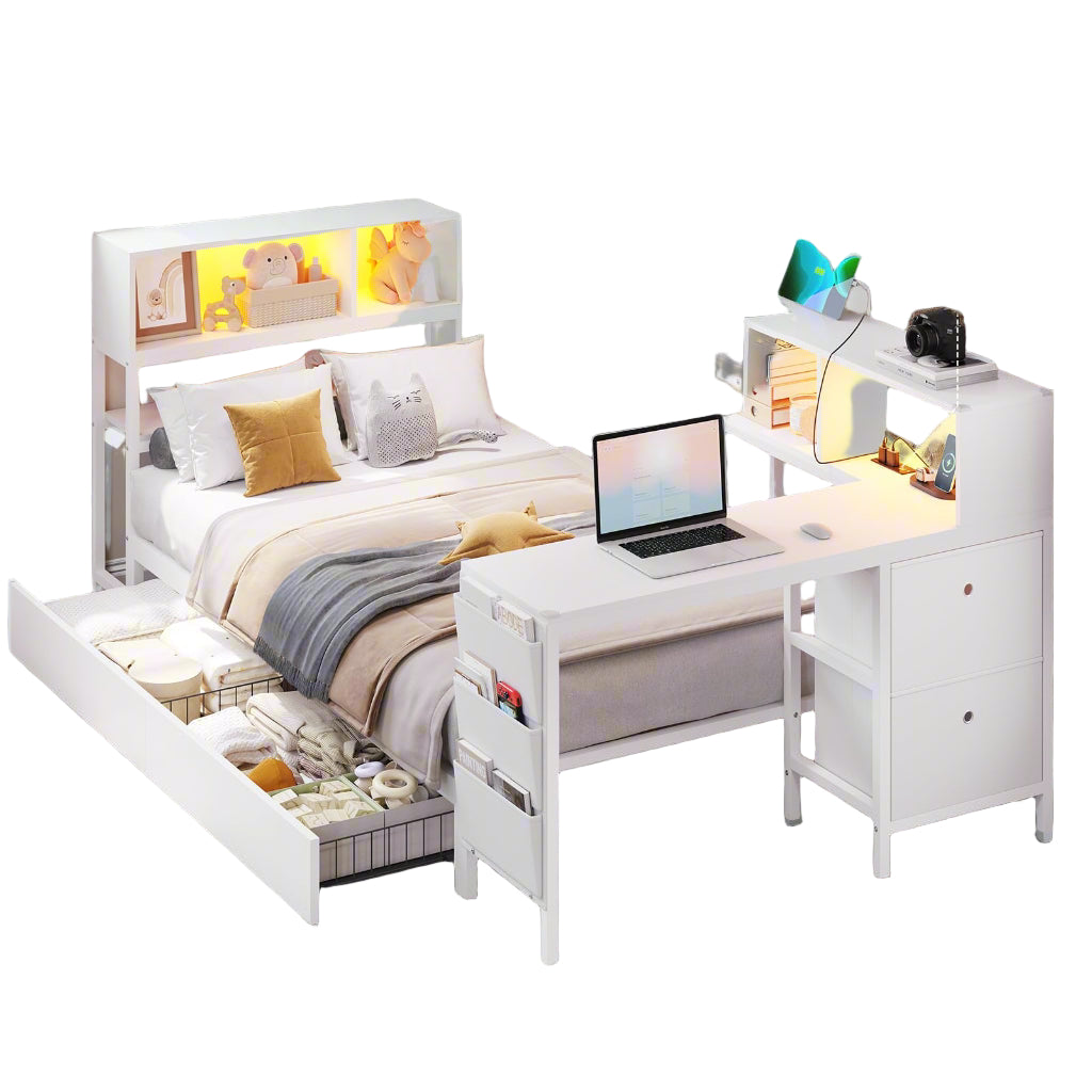 Corner Twin Bed Frame with Desk,Charging Station and Bookcase Storage