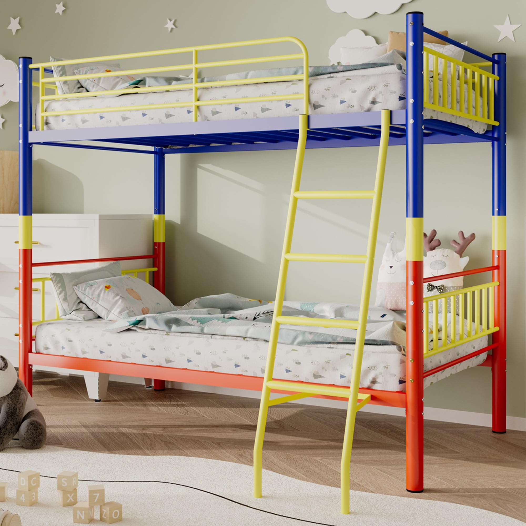 Metal Bunk Bed Twin Over Twin，Loft Bed with Removable Ladder and Full-Length