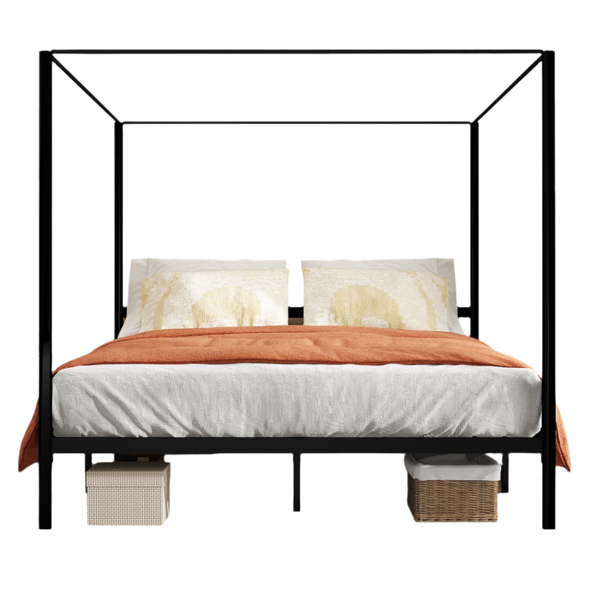 Canopy Bed Frame King, Four Poster Bed with Built-in Headboard, 14 Inch Platform Bed