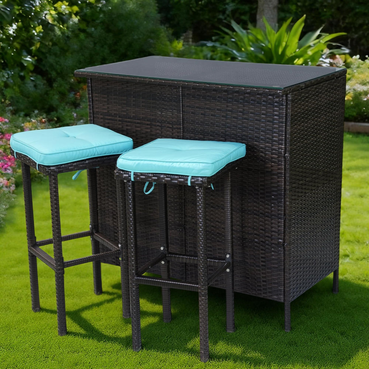 3-Piece Patio Bar Set with Stools, Glass Top & Cushions