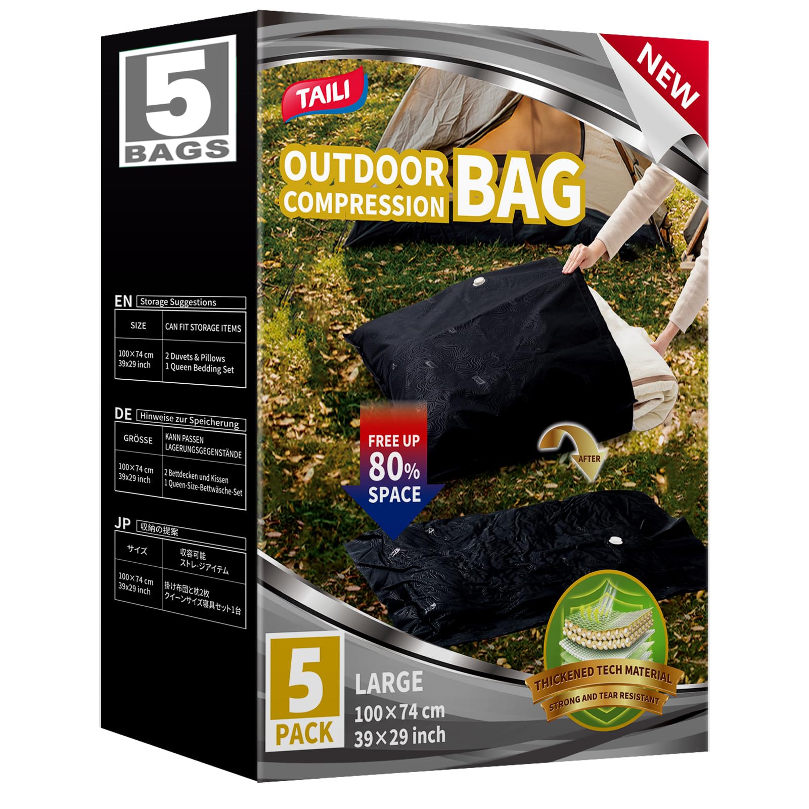Outdoor Vacuum Storage Bags 5 Pack, Travel Compression Bags (39x29 inch)