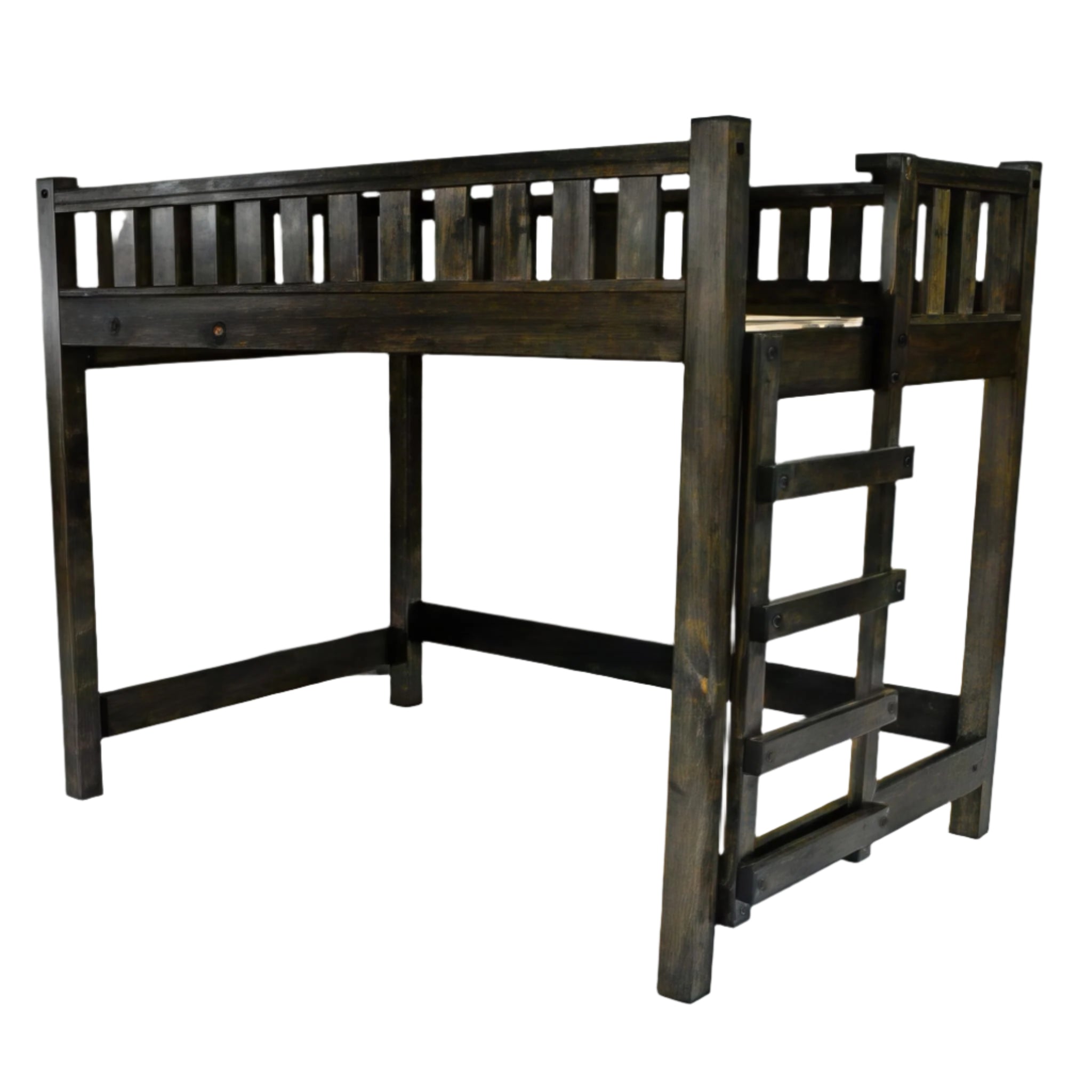 Wood Loft Bed Frame, Full Size - Rustic & Modern Style, Brown Finish, Adults, Kids